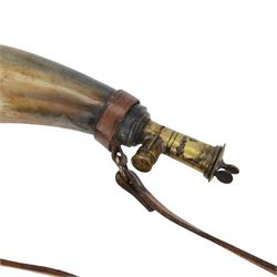 Horn powder flask, together with copper flask and a box of gun parts  