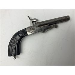 Mid-19th century French Boissy 12mm single barrel pin-fire pistol, the 9.5cm rifled barrel with brown stub twist damascus decoration, side screw under lever opening and English proof marks, retailed by H. Akrill Beverley, chased action with drop-down trigger and carved walnut stock L21cm