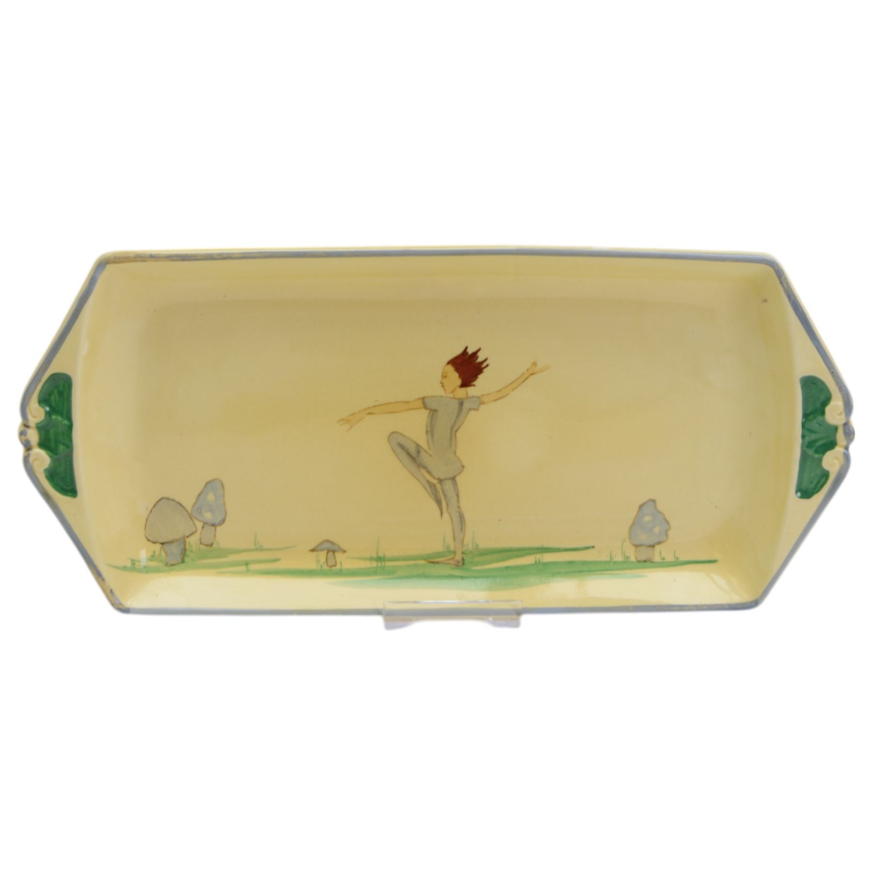 Susie Cooper Puck pattern twin-handled tray and four serving plates, decorated with a dancing figure and toadstools, tray L32cm plates D13cm