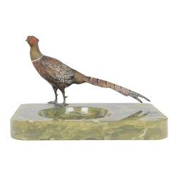 After Franz Bergman, 20th century cold painted bronze, of a pheasant, mounted on an onyx a...
