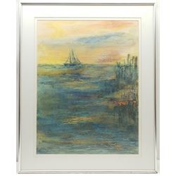 Madeleine Eyland (Belgian/British 1930-2021): 'Sundown', pastel signed, titled verso 63cm x 48cm 
Provenance: artist's studio collection. Marie-Madeleine Eyland (neé Legrain) was born in 1930 at Floriffoux, Belgium; she lived most of her life in Scarborough working as a nurse and an artist.