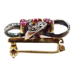  Gold and silver diamond and ruby set ribbon brooch  