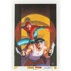 Limited edition signed lithograph 'Spider-Man/Wolverine' signed by John Romita, artwork by Matt Wagner, limited edition no. 51 of 699, framed with Dynamic Forces certificate of authenticity, artwork H52cm, W34cm