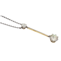  White and yellow gold two old cut diamond drop pendant necklace, the lower larger diamond approx 1.10 carat  