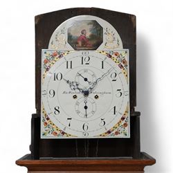 Ralph Weston (III) of Wolsingham (Co Durham) - 30-hour oak and mahogany longcase clock c1815-17, With a swan necked pediment, brass parterre and central spire finial, break arch hood door beneath flanked by reeded pilasters with brass capitals, trunk with recessed reeded pilasters and a crossbanded door with a concave top, square plinth on bracket feet, painted dial with floral depiction to the spandrels and a depiction of a boy attempting to catch birds in the arch, with makers name, Roman numerals, five minute Arabic's, minute track and matching steel hands, with dummy seconds and calendar dials and dummy winding arbors, dial pinned via a cast falseplate by Whittaker & Shreeve to a countwheel striking chain driven movement striking the hours on a bell. With weight and pendulum.
Notes.
The Weston family were a prodigious three generation family of 18th and 19th century Wolsingham clockmakers, all christened Ralph. The maker of this clock Ralph (III) frequently made 30hr clocks such as this possessing features normally found on  8-day clock dials.
Both the clockmaker, clock and dial were the subject of a comprehensive five part article in CLOCKS magazine published between  Nov 2012 and March 2013. The dial of the clock being of particular interest, manufactured by the Haifax firm of Shreve and Whittaker between 1815-17 . 
William Shreeve, a highly respected and competent dial painter went into a short-lived partnership with William Whittaker in 1815, however in 1817 Shreeve died in a tragic accident whereby he was burnt to death whilst preparing some of his own paints and varnishes. 

