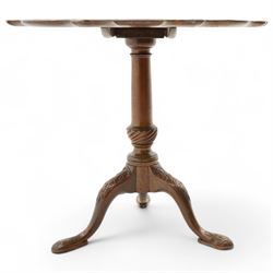 Georgian design mahogany tripod table, moulded piecrust tilt-top, turned pedestal with twist baluster, on three acanthus carved splayed supports with foliate cartouche carved terminals