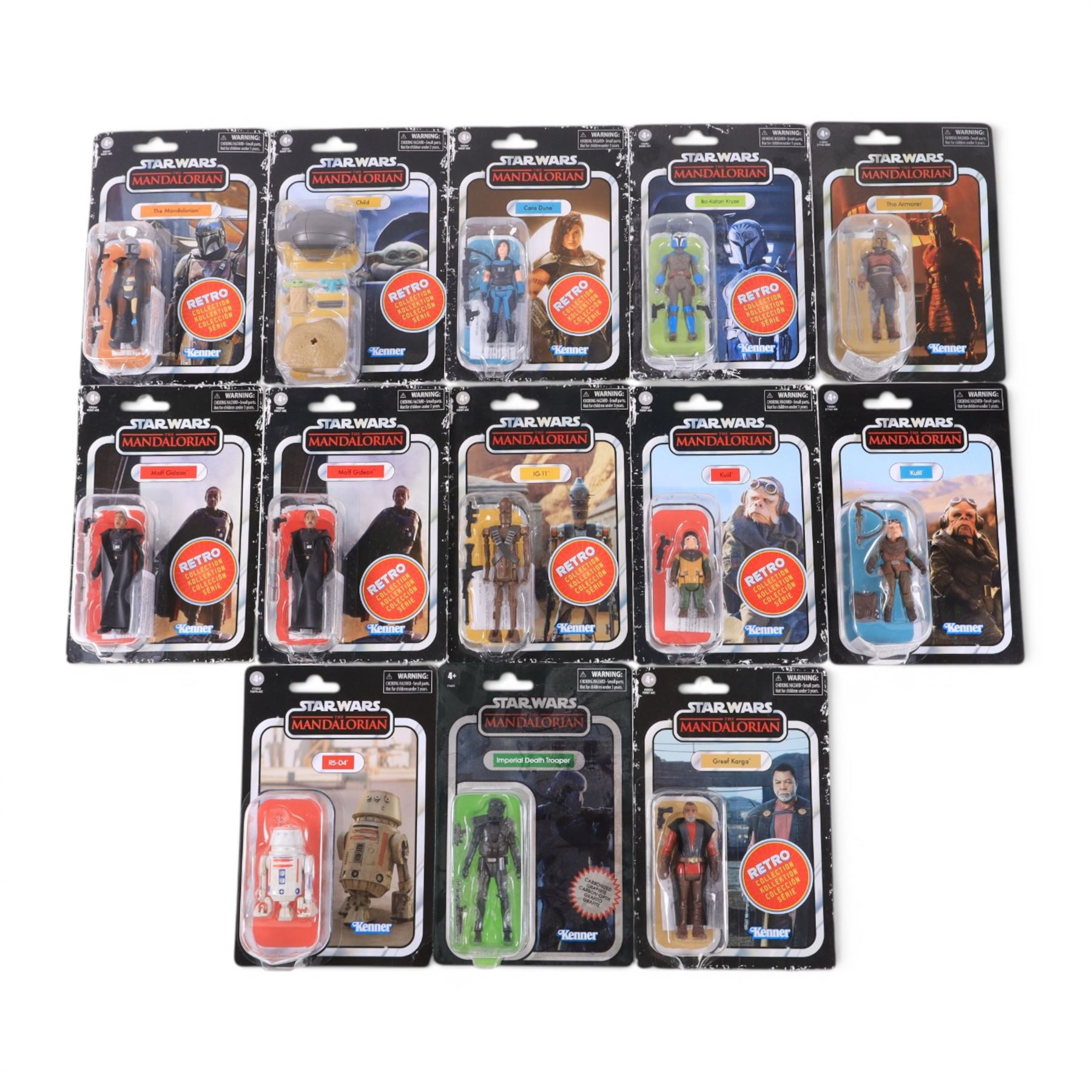 Thirteen Hasbro Kenner Star Wars The Mandalorian figures, including Retro Collection examples, comprising Kuill x2, The Armorer, The Child, Bo-Katan Kryze, R5-D4, IG-11, The Mandalorian, Cara Dune, Greef Karga, Moff Gideon x2 and Imperial Death Trooper, all carded