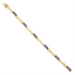 18ct gold sapphire and diamond bracelet, each link set with two rows of rectangular step cut sapphires, with pave set diamonds either side, stamped, total diamond weight 0.40 carat, total sapphire weight 2.50 carat, with World Gemological Institute report