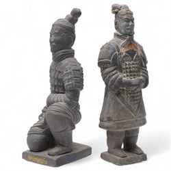 Three Chinese mud man figures, including man with fish, together with two terracotta warriors, H16cm