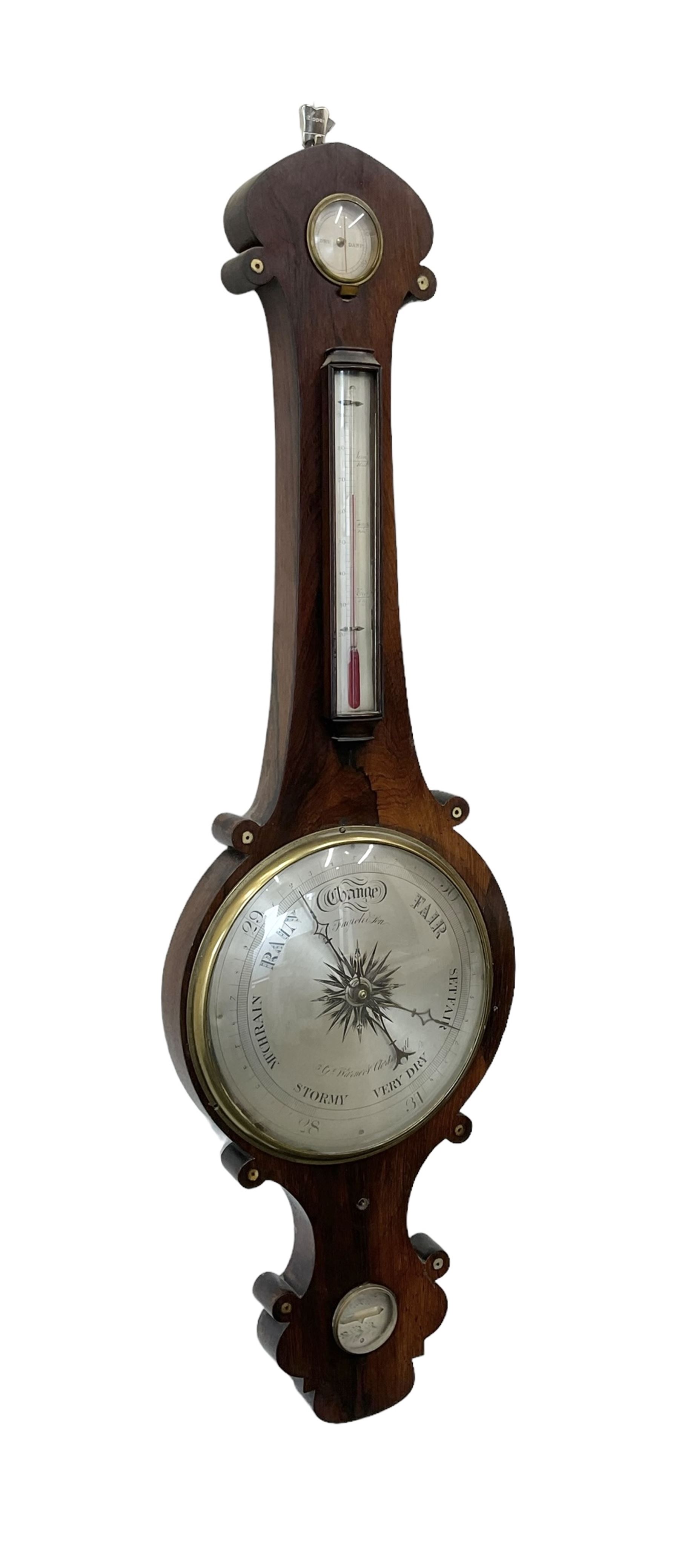 Late 19th century rosewood mercury barometer retailed by G Warners Clerkenwell, with a 10” dial silvered register signed by the Italian maker D Fagioli & son, with hygrometer, level bubble and spirit thermometer, brass recording hand and steel indicating hand.
Mercury tube with counterweights and pulleys intact. Mercury present.