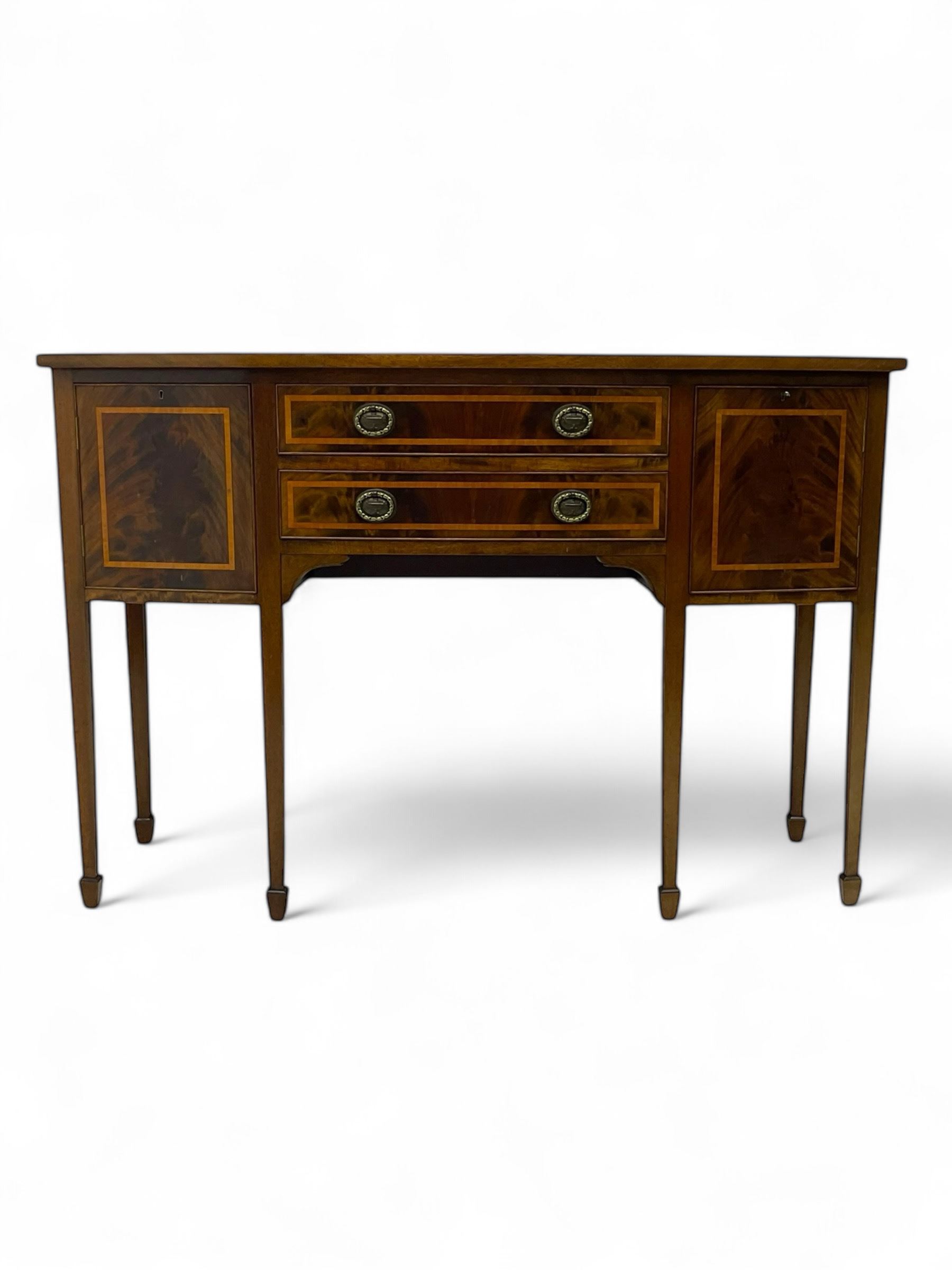 Georgian design mahogany and satinwood banded bow-front sideboard, fitted with two drawers and flanking cupboards, on square tapering supports with spade feet 