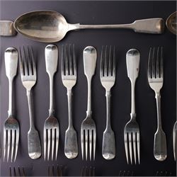 Suite of Victorian silver fiddle pattern cutlery comprising eighteen table forks, seventeen dessert spoons, fifteen dessert forks and three table spoons London 1856 Maker A B Savory & Sons