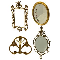 Oval mirror in gilt frame, oak framed mirror with bevelled plate, Art Nouveau design mirror with figure, floral framed mirror with oval bevelled plate and another mirror (4)