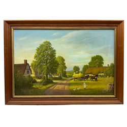 AJ Curry (English Naive School 20th century): Village Scene with Haycart and Figures, oil on canvas signed 50cm x 75cm; Continental School (20th century): Woodland Pond Landscape, oil on canvas indistinctly signed 50cm x 75cm (2)