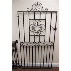  Pair wrought metal arched drive way gates, black painted finish, (W240cm, H92cm) and a wrought metal pedestrian gate, black painted finish (W90cm, H180cm)  
