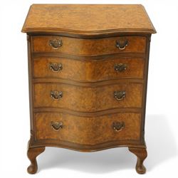 Queen Anne design figured walnut serpentine-front chest, fitted with four graduating cock-...