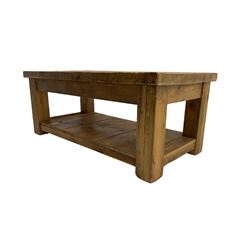 Reclaimed pine rectangular coffee table, plank top over under-tier
