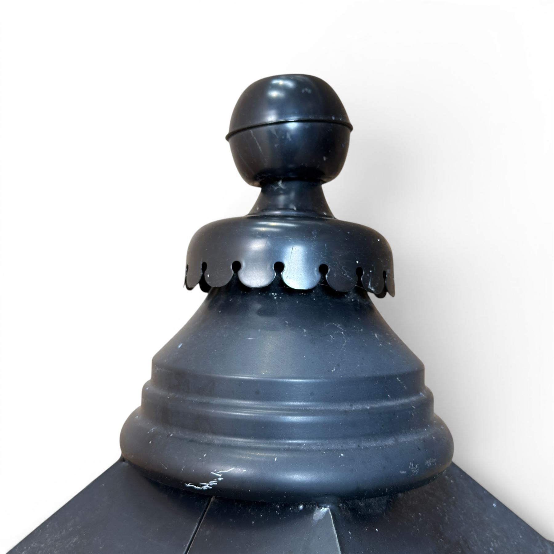 Pair of Victorian design black painted 'street' lamps, and a satin chrome light fitting