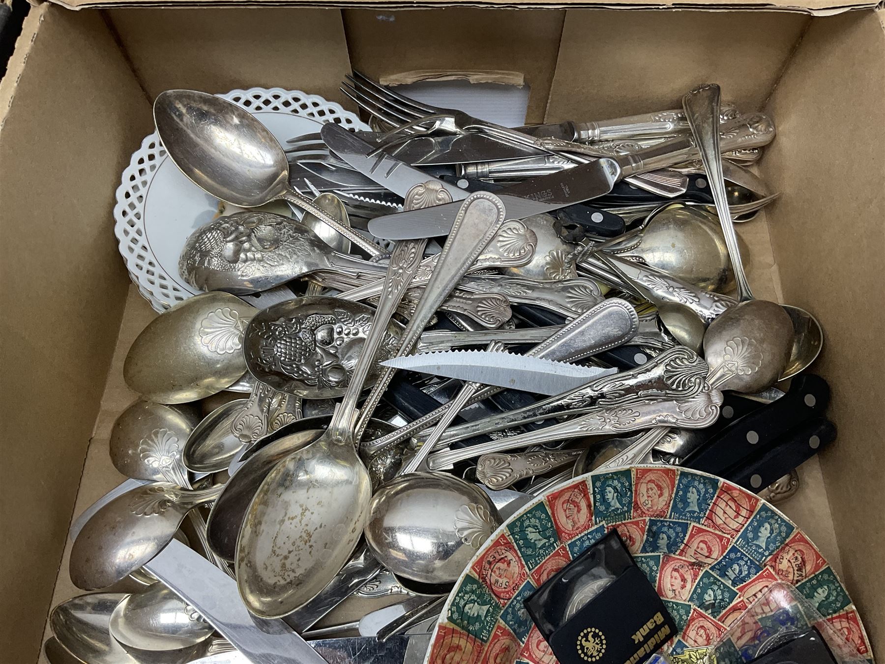 Collection of replica Cathedral carvings, together with other glass and metalware, in two boxes 