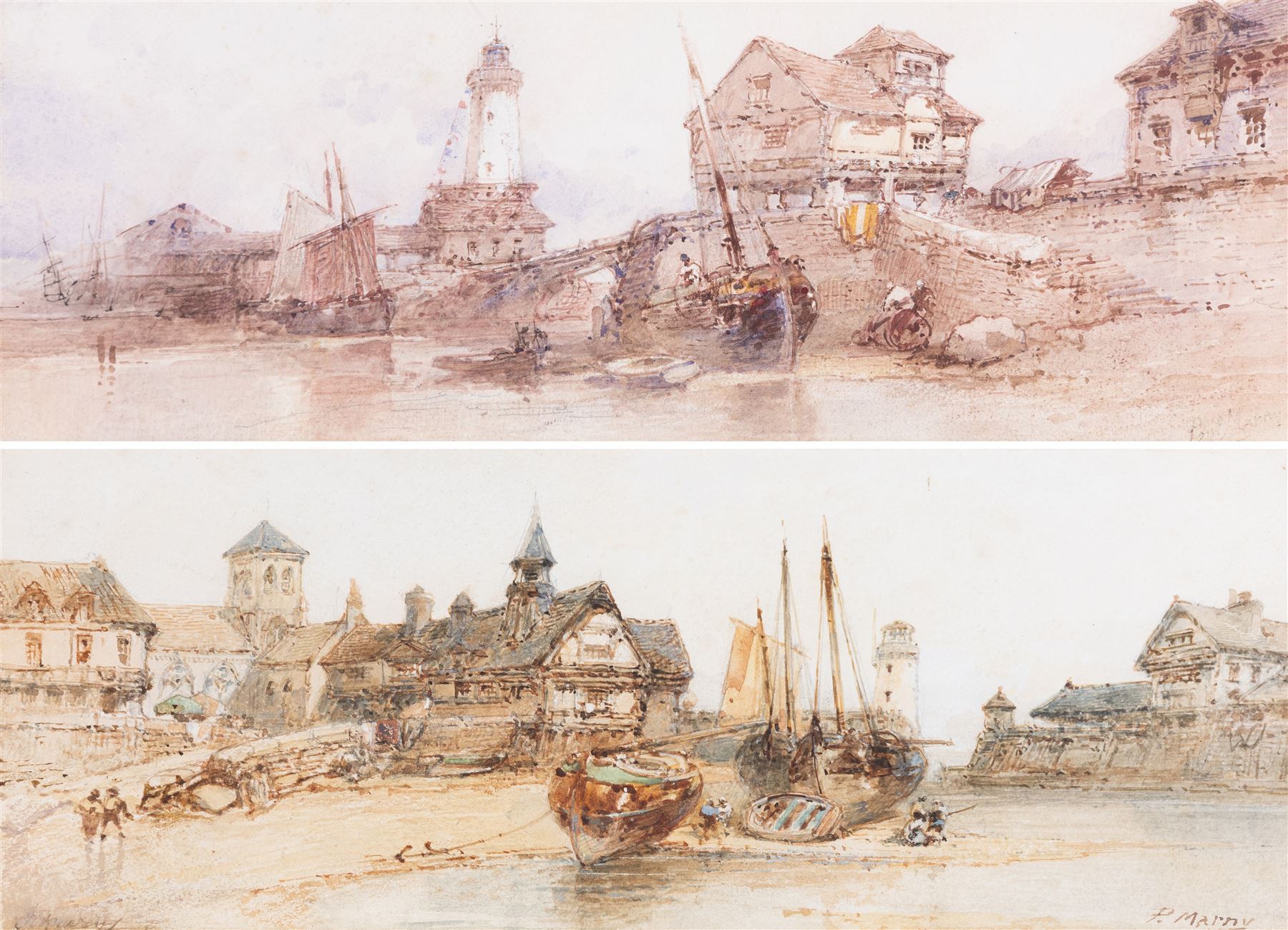 Paul Marny (French/British 1829-1914): Harbour Scenes, near pair watercolours signed, approx 16.5cm x 44.5cm each (2)