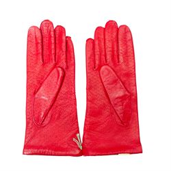 Harrods, Jaeger and others - five pairs of ladies’ leather gloves, comprising red Harrods studded gloves, brown Jaeger buttoned gloves and three further Italian pairs