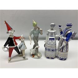 Group of ten Hollohaza of Hungary figures, to include Pierrot clown figure group, Aladdin on the Flying Carpet, girl in traditional dress seated with chillies, ballerina, etc, together with a rectangular dish decorated in black and red with a gentleman upon horseback, all with printed marks beneath, tallest H30cm (11)