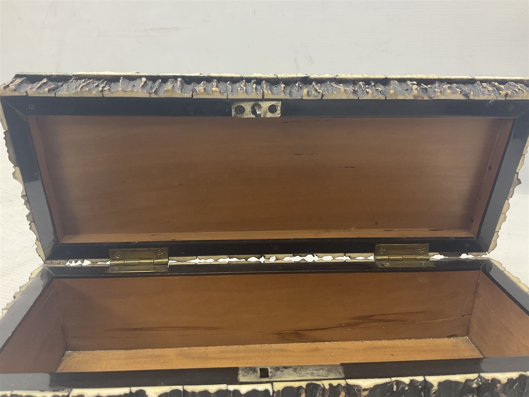 19th century elk horn and cedar wood box, with carved finial, H12cm, L27cm