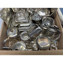 Large quantity of silver-plate to include Walker & Hall and James Deakin & Sons, together with other metal ware and coins in two boxes