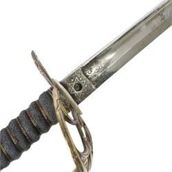 British 1874 pattern, named, 2nd Life Guards State sword by Henry Wilkinson, Pall Mall London, circa 1912, the 94cm straight single edged blade with George V monogram and cypher, together with battle honours and owners initials H.L.H, marked 43714 to the top, the steel nickel plated basket hilt with applied George V crown and 2nd life Guards monogram in gilt brass, shagreen bound grip with triple silver wire, with steel nickle plated scabbard with triple brass mounts with twin suspension rings, overall L114cm