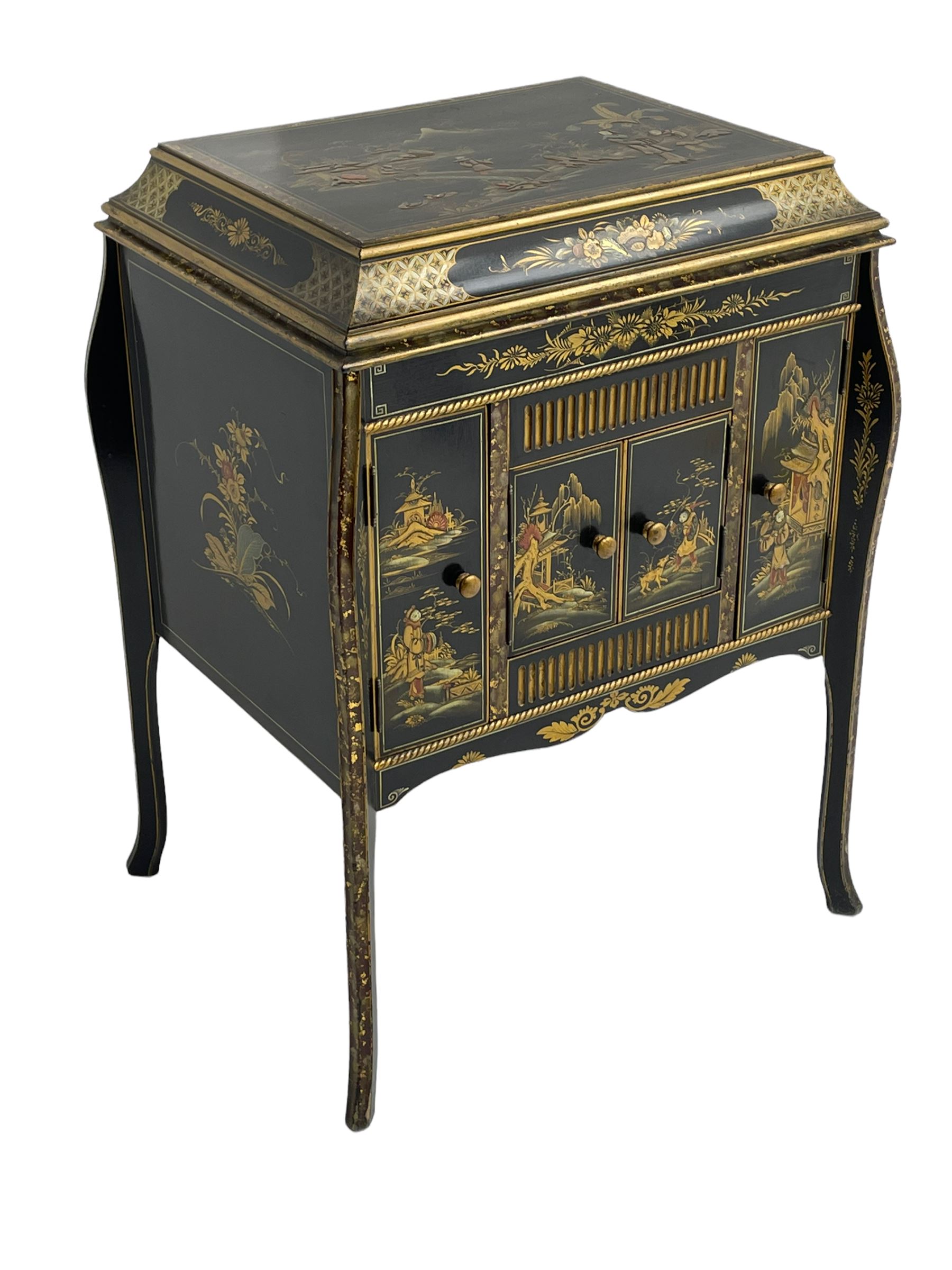 Early 20th century Chinoiserie lacquered gramophone cabinet, the lid decorated with raised gilt work, traditional landscape and figural scenes, fitted with 'Apollo' 'No. 114' gramophone, cupboards below, on cabriole supports