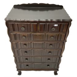 Early 20th century Dutch design mahogany chest, raised back over shaped top, fitted with two short and five long drawers, raised on ball and claw feet