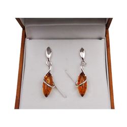 Pair of silver Baltic amber pendant stud earrings, stamped 925 