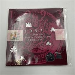 The Royal Mint United Kingdom 1992 and 1993 brilliant uncirculated coin collections, both including dual dated 1992/1993 EEC fifty pence coin, in card folders