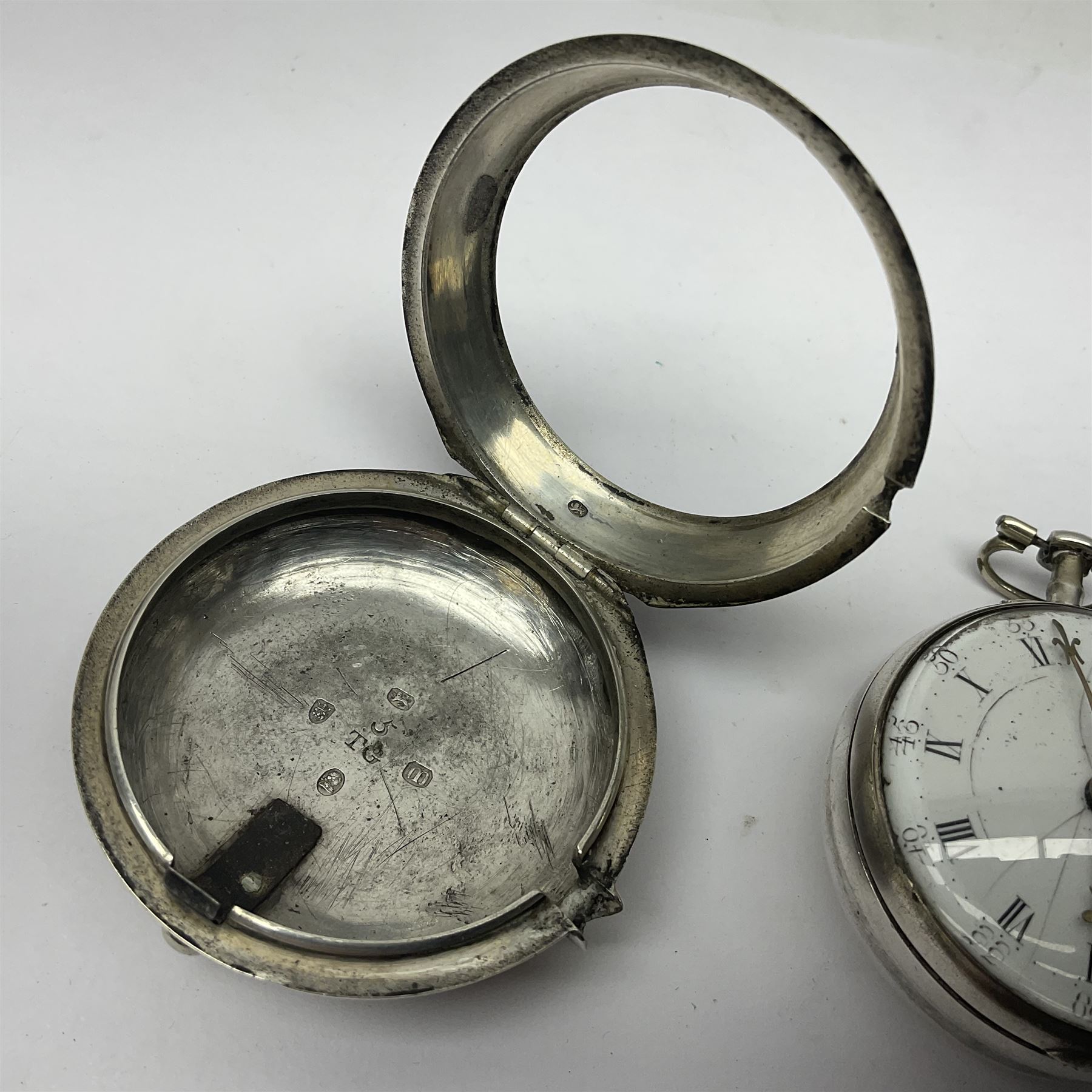 George III silver pair cased verge fusee pocket watch by Harry Niblett, Dorking, No. 5991, white enamel dial with Arabic numerals and outer minute ring, case makers mark TG, London 1787 