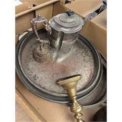 Two copper bed warming pans, silver plated teapot, mother of pearl inlaid tray and other metal ware