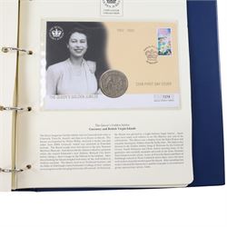 Approximately 104 Royal Mail Royal Mint coin or medallion covers, housed in an official Royal Mail Royal Mint ring binder folder and loose, together with The Queen's Golden Jubilee Coin Cover Collection in two albums, commemorative fifty pences, crowns, etc