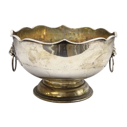  Silver-plated footed punch bowl with lion mask loop handles and shaped top, D27cm    
