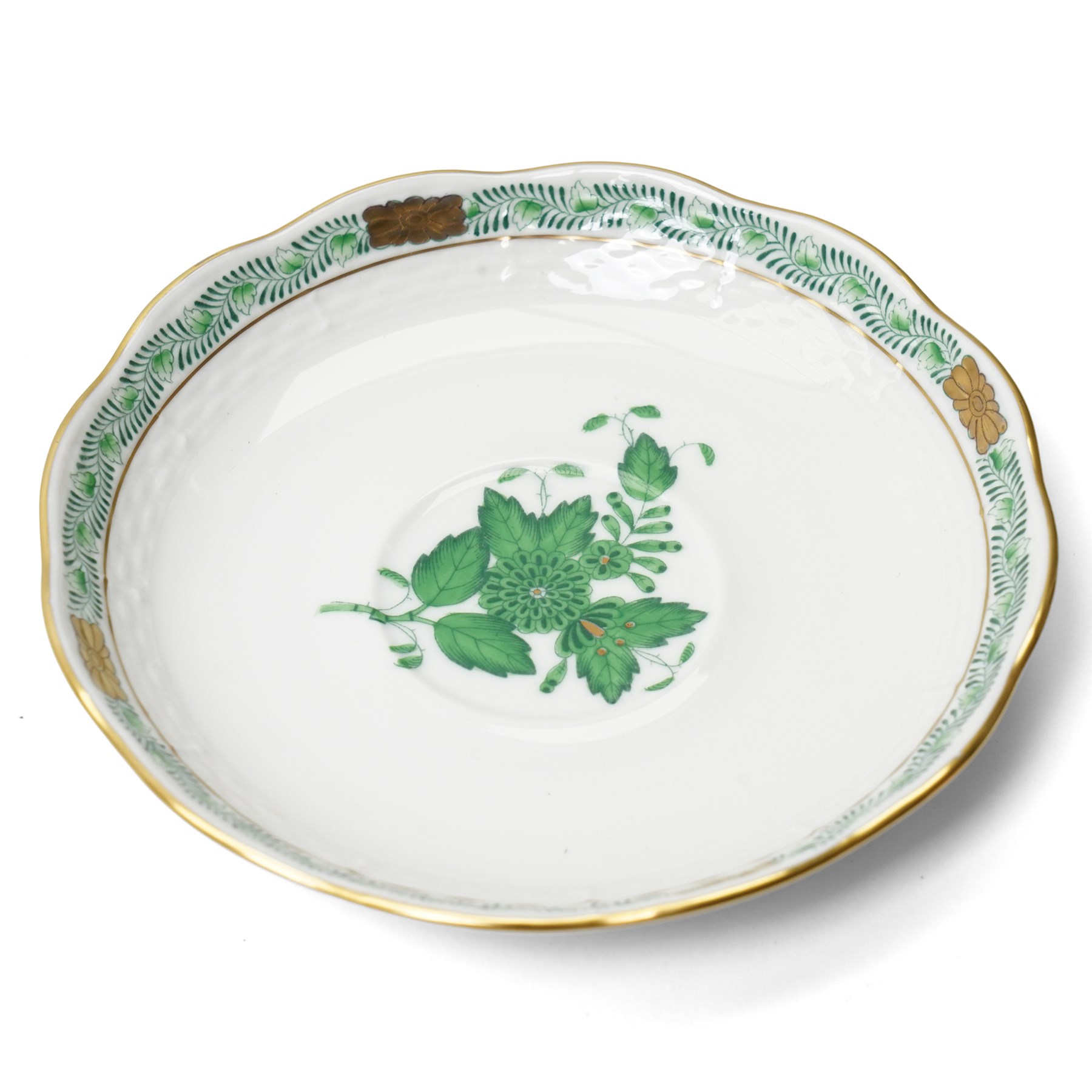 Herend porcelain Tete a Tete decorated in the green Chinese Bouquet pattern, comprising cabaret tray, two cups and saucers, tea pot, leaf shape bowl and milk jug