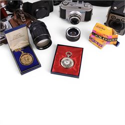 Collection of cameras, including Minolta X300 with a Vivitar 28-80mm lens, Asahi Pentax SP500, Kodak Retinette etc, together with a pocket watch and gold plated coin pendant