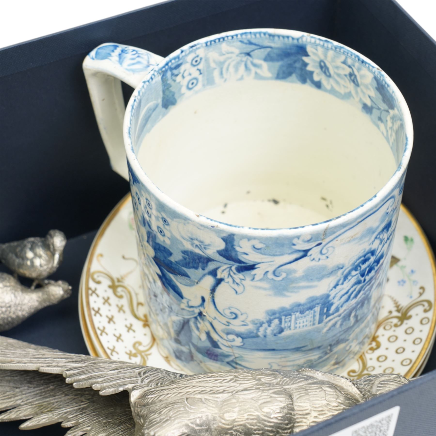 Large Spode mug and two hand painted plates, together with a collection of five silvered animals including a fish, pheasants, grouse etc