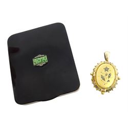 Victorian gilt locket, engraved flower decoration, set with diamonds and seed pearls, with gold bail and an Art Deco gilt cigarette case with marcasite and carved jade centre piece (2)