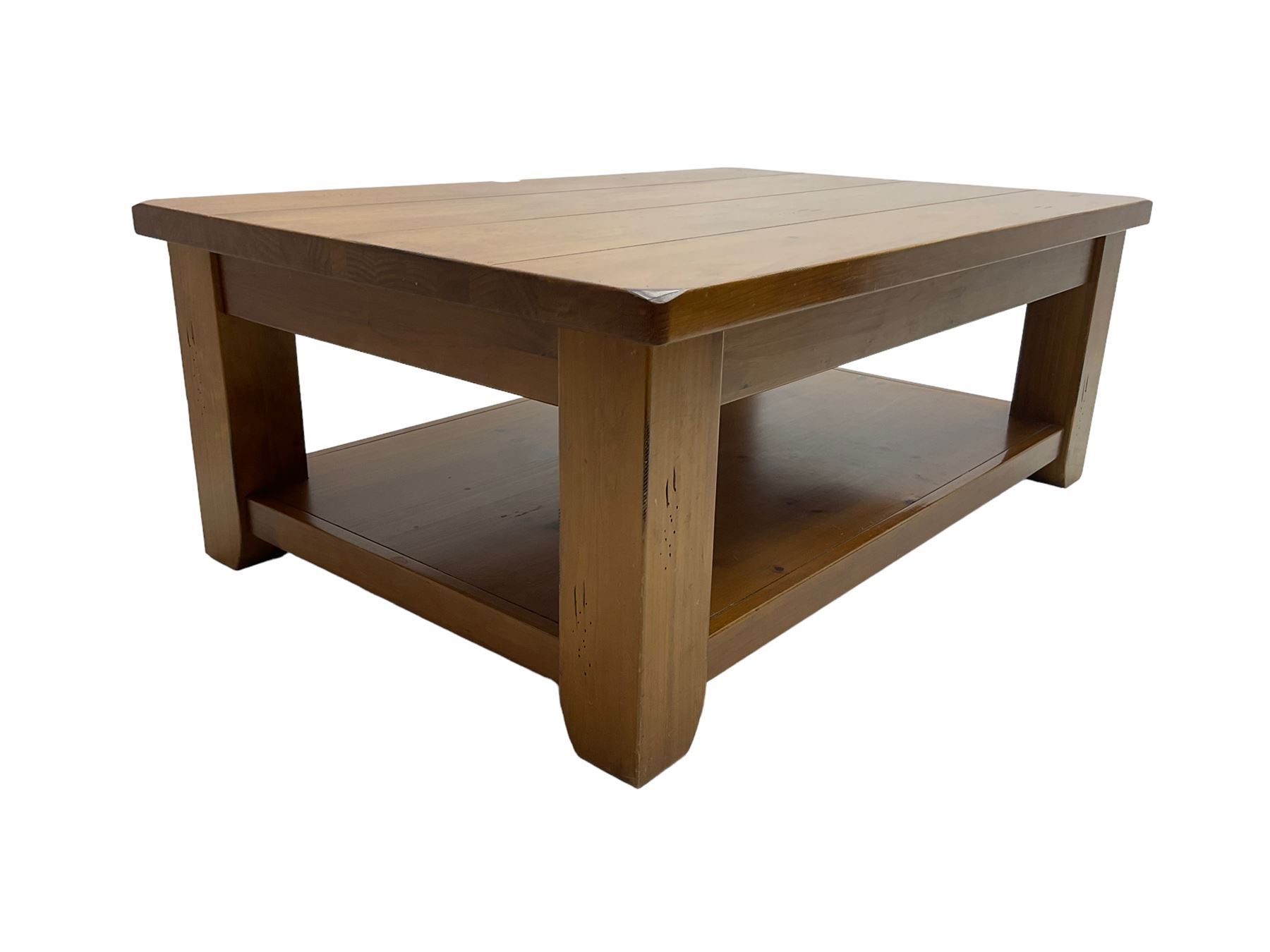 Rustic pine coffee table, rectangular plank top over undertier (120cm x 80cm x 46cm); and matching nest of two tables (60cm x 50cm x 64cm)