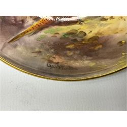 1938 Royal Worcester circular pedestal pin dish, decorated with pheasants in a landscape by James Stinton, with printed mark beneath, D10.5cm
