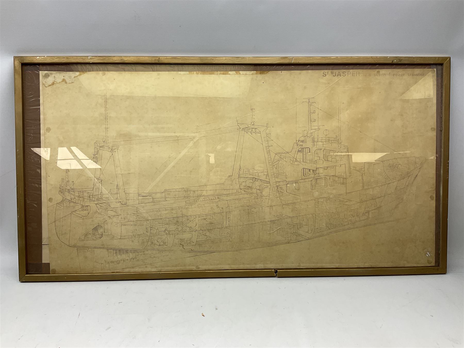 After Henry Scott: 'The Great Race from China to London' colour print together with large print diagram of a trawler, two other marine prints and a print of a WWII Halifax unit max 68cm x 108cm (5)
