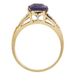 9ct gold single stone cushion cut amethyst ring, with diamond set shoulders, hallmarked