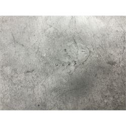 Pair of Solkets English pewter candlesticks, the bud shaped sockets raised upon three angular fin supports and a slightly domed circular base with cast stylised foliate decoration, H23cm