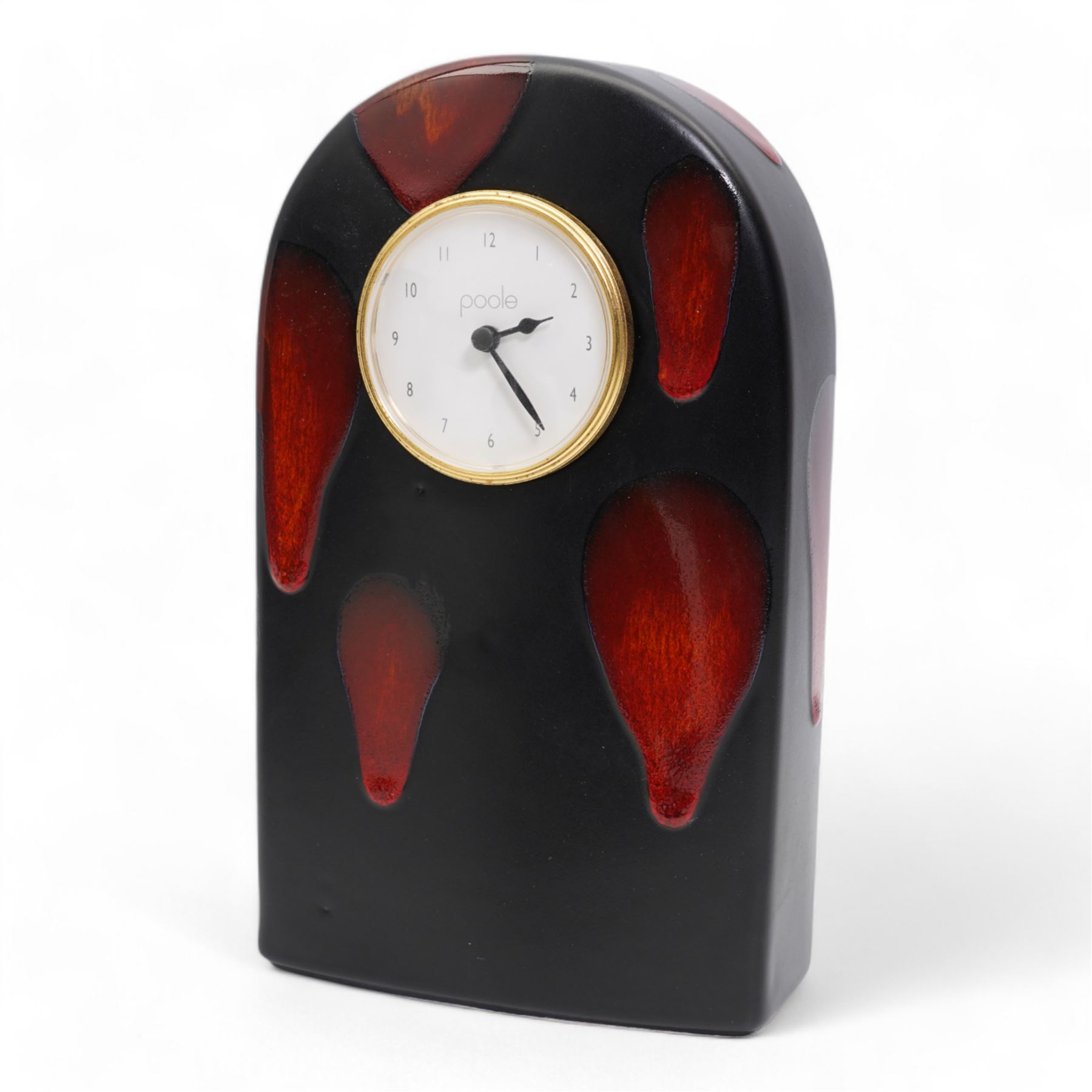 Poole Pottery Galaxy mantle clock, H23cm, together with two Galaxy pattern vases and a salt cellar (4)