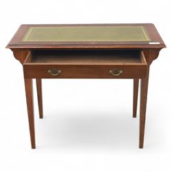 Edwardian writing table, rectangular inset with gilt-tooled leather, single frieze drawer, raised on square-section tapered legs 
