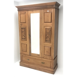  Late Victorian satin walnut wardrobe, projecting cornice, single mirrored door above drawer, plinth base, W128cm, H199cm, D47cm  
