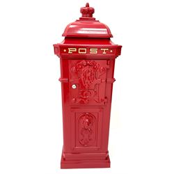 Reproduction red painted post box, with crown finial and lion mask (no keys, locked)